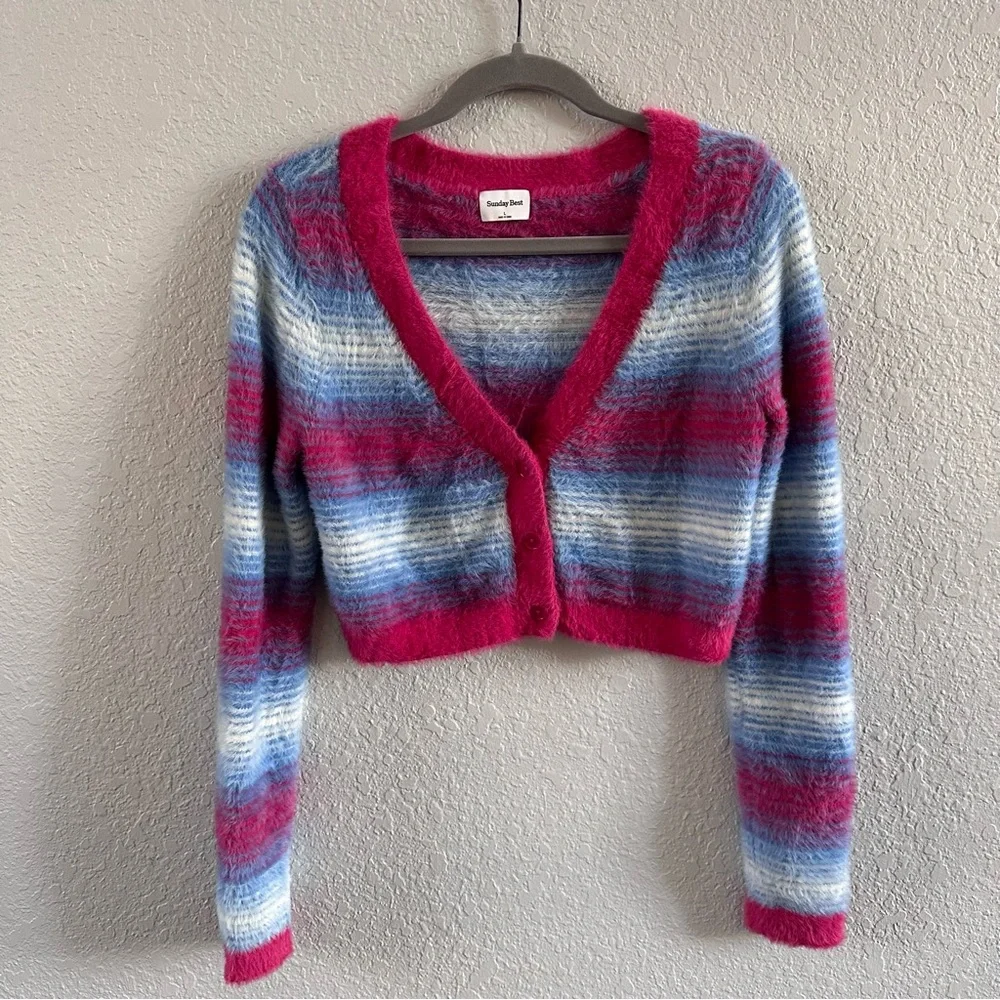 Aritzia Sunday Best Fuzzy Cropped Cardigan Striped Mohair Look Size L - Picture 3 of 7